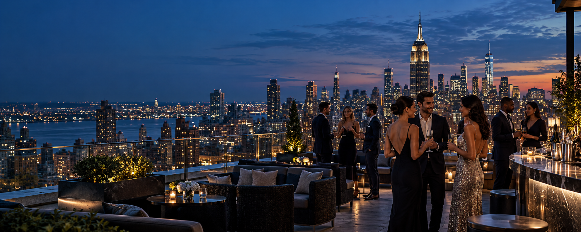 An elegant rooftop party overlooking the Manhattan skyline at blue hour